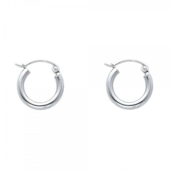 14K Solid White Gold 2mm Plain Hoop Earrings Extra
